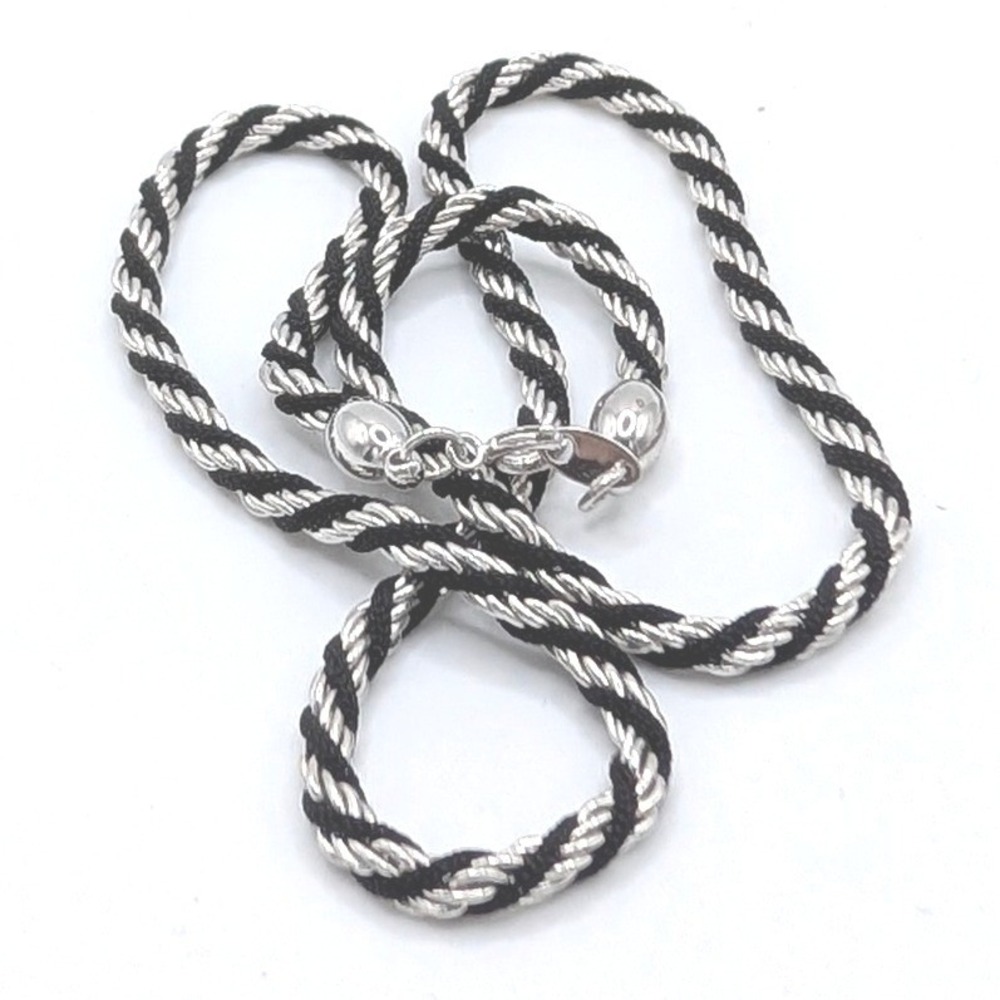 Trifari Vintage Silver Tone and Black Cord Twisted Rope Chain Necklace 18 Inch